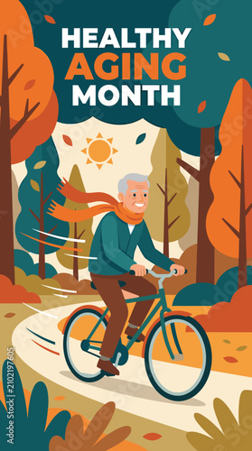 Senior man riding bicycle through autumn forest park trail.