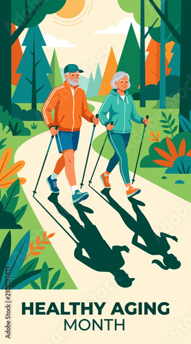 Seniors practicing nordic walking on a park trail.