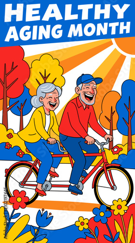 Seniors riding tandem bicycle for Healthy Aging Month.
