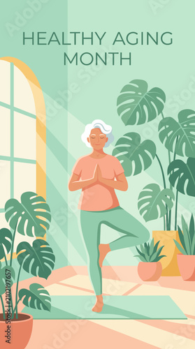 Senior woman practicing yoga for Healthy Aging Month