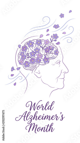 Senior woman profile with floral brain silhouette