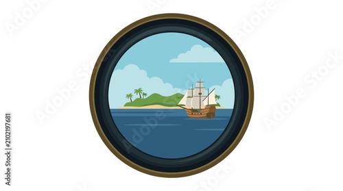 Ship porthole window looking out at tropical island.