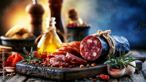 Elegant Gourmet Charcuterie Arrangement Featuring Various Meats, Herbs, and Olive Oil on Rustic Wooden Board