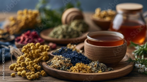 Assorted Herbal Teas and Ingredients for Wellness Concepts on Rustic Wooden Table Display