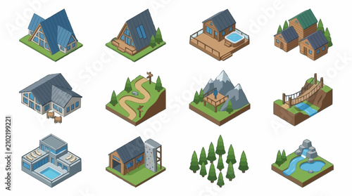 Isometric illustrations of modern houses and nature elements.