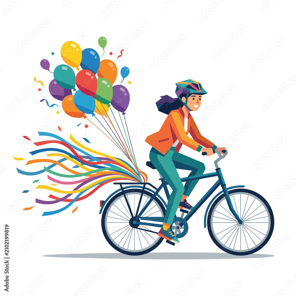 Obraz premium Flat Vector Illustration of Woman Cycling with Colorful Festive Balloons