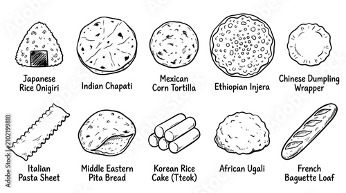 Set of hand drawn global staple foods and traditional breads illustration.