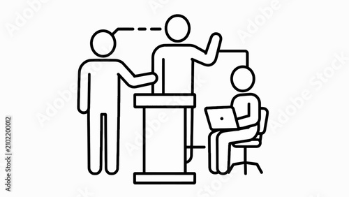 Event themed minimalist vector icon of speaker presentation and teamwork