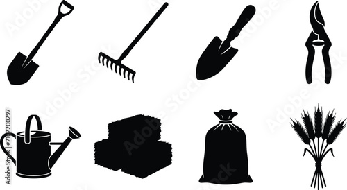 Tableau sur toile Black silhouette vector icon set of farming and gardening tools featuring agricu