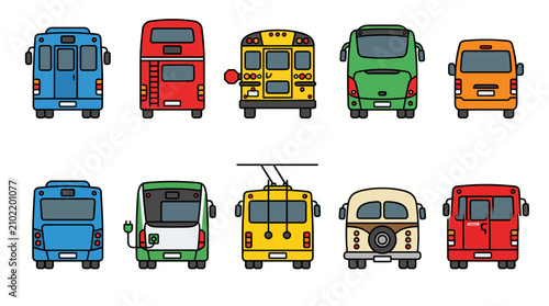 Set of colorful cartoon bus rear views on white background.