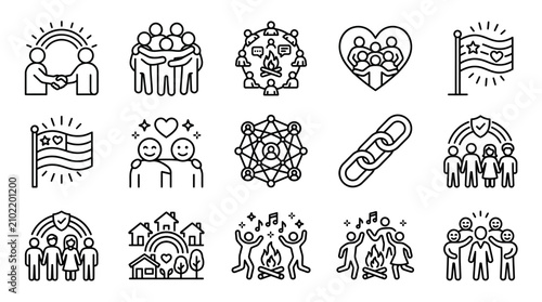 Set of community and social interaction line icons.