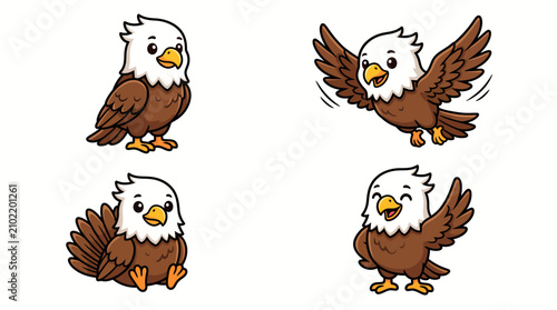 Set of cute cartoon bald eagles with different poses and expressions.