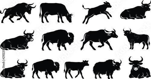 Fotografie Bovine Animal Silhouette Vector Set Featuring Bulls Cows Calves Bison and Yaks i