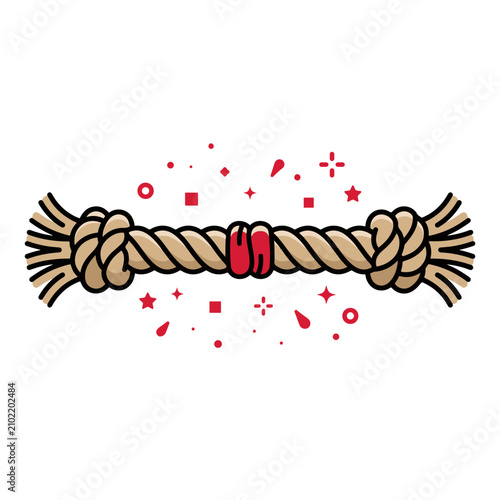 Flat vector illustration of a thick tug-of-war rope tied with a red ribbon in the center, surrounded by festive confetti, isolated on a white background.