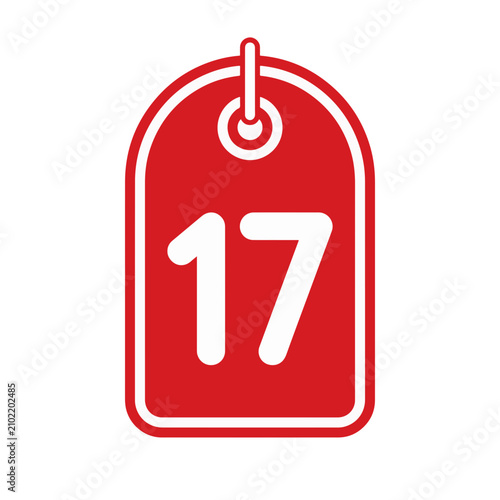 Flat vector icon of a red retail price tag featuring the number 17, ideal for Independence Day sales, discounts, and promotional events, isolated on a white background.
