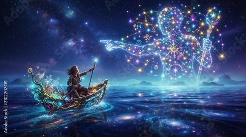Person in glowing boat reaches towards luminous cosmic figure
