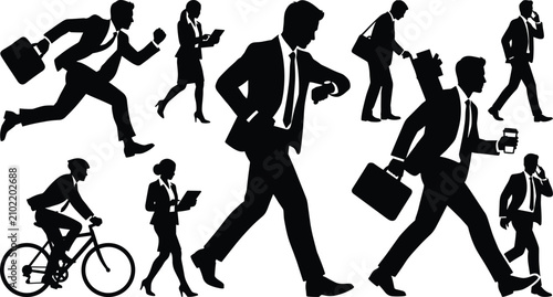 Bild auf Leinwand Business professionals in dynamic workday silhouette poses with briefcases, gadg