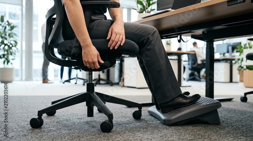 Person's legs showing proper ergonomic posture with a footrest at a modern office desk, promoting comfort and productivity in a professional workspace environment