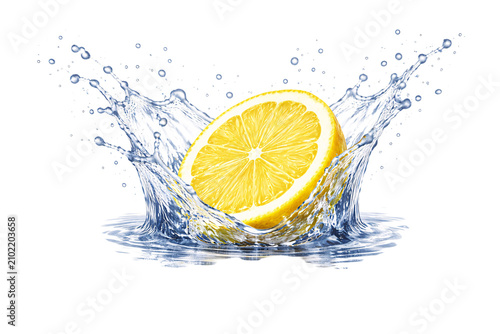 Bright yellow lemon half splashing into png isolated on transparent background