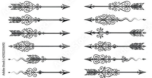 Vintage Decorative Arrows Set With Ornate Filigree And Boho Tribal Feather Details