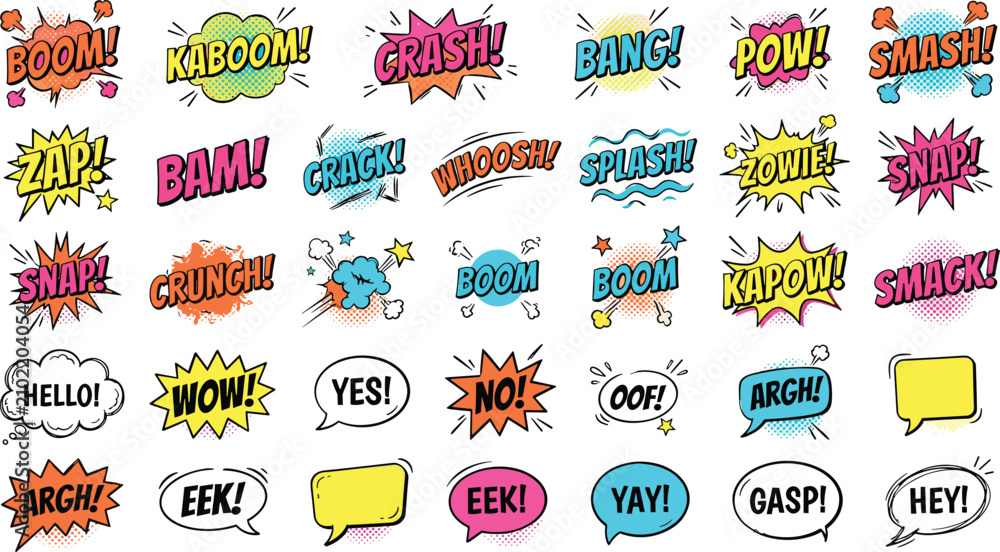 Fototapeta premium Pop art comic book sound effects and speech bubbles icon set with colorful dynamic text explosions for graphic design elements,