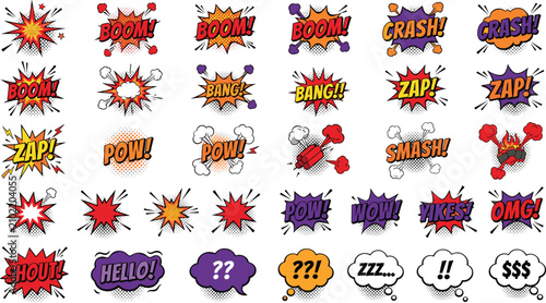 Konstfotografi Retro comic book explosion bubbles and sound effects icon set with pop art dynam