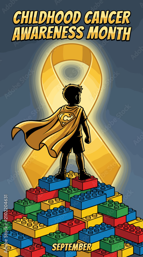 Fototapeta premium Superhero child on blocks for Childhood Cancer Awareness.