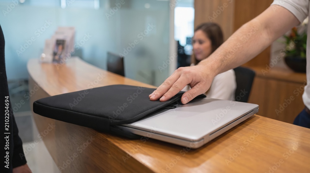 Fototapeta premium Tech Layoffs Impact concept. Person placing laptop in a black sleeve on a wooden reception desk