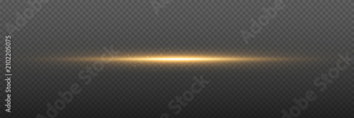 Glow light. Golden flare isolated on transparent background. Glowing horizontal beam with sparkling particles. Magic gold line for banner, overlay or greeting card. Vector Illustration.