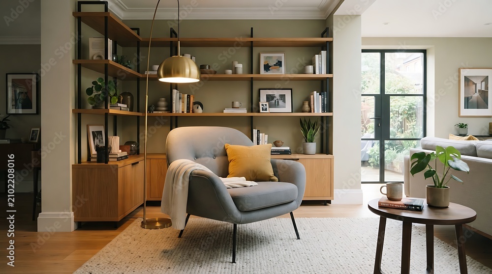 Fototapeta premium Modern Living Room with Grey Armchair and Built in Shelving