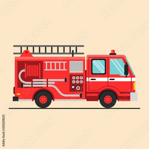 Obraz na płótnie Flat Illustration of a Red Fire Truck with Ladders and Hoses