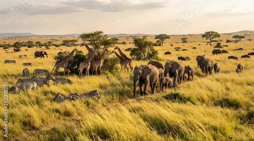 African Savannah Wildlife Herd Safari Elephants Giraffes Zebras