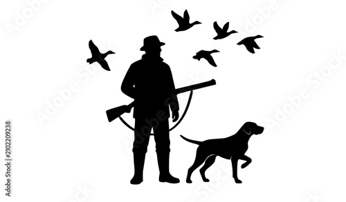 Hunter with rifle and hunting dog watching flying ducks silhouette vector illustration isolated on white background