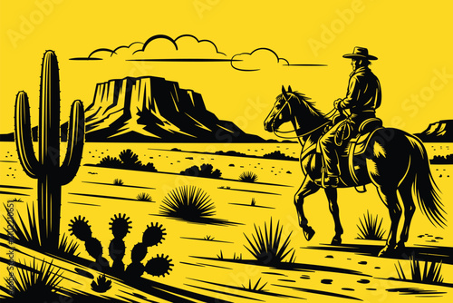Quadro su tela Desert Wanderer: A lone cowboy rides his horse across a vast, arid desert landscape, with iconic saguaro cacti and distant mesas under a bright yellow sky