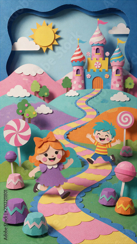 Colorful papercraft diorama of a fun filled dessert kingdom and sugar hills