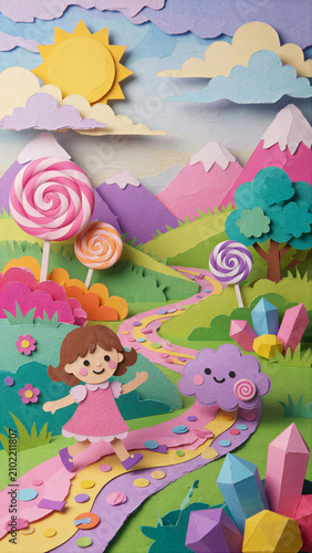 Colorful papercraft diorama of a fun filled dessert kingdom and sugar hills