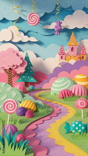 Colorful papercraft diorama of a fun filled dessert kingdom and sugar hills