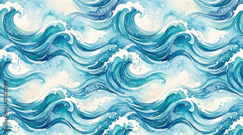 Hawaiian pattern watercolor ocean waves seamless background with watercolor seamless tropical hawaiian background