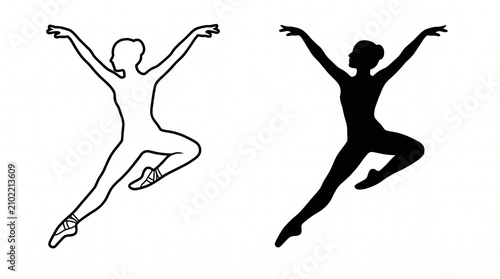 Ballerina Leap Silhouette and Outline Pair, Dancer Jump Pose Vector Illustration