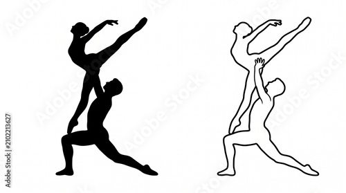 Dance Couple Lift Pose Silhouette and Outline, Contemporary Duo Vector Illustration
