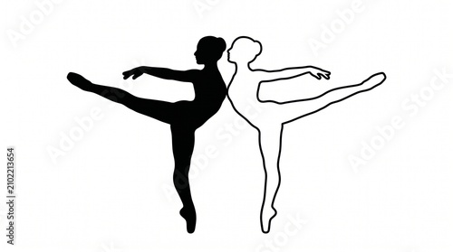 Ballet Dancer Arabesque Pose Duo, Silhouette and Outline Mirror Illustration