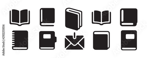 Assorted library and office stationary vector icon set featuring notebooks mail and open literature.
