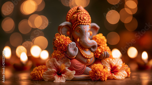 Eco-friendly clay Ganesha idol decorated with marigold flowers and diya lamps in warm devotional tones
