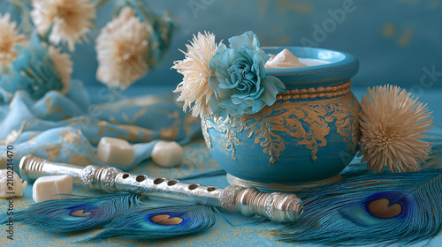 Krishna Janmashtami still life with silver flute, peacock feathers and butter pot on blue and gold background