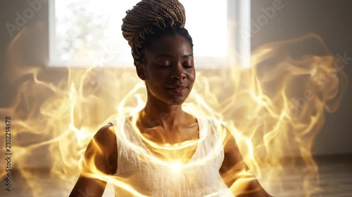 Serene Black Woman Meditating with Glowing Heart Chakra in Bright Room