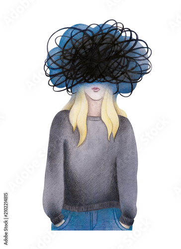 Hand-painted watercolor conceptual illustration of anxiety featuring a young woman with abstract tangled thoughts. Perfect for mental health, awareness campaigns, editorials, educational materials.