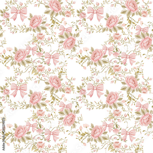 Hand-painted seamless watercolor floral pattern featuring pink roses, green leafy branches, and delicate pink ribbon bows. Perfect for fabric, wallpaper, stationery, wrapping paper, packaging