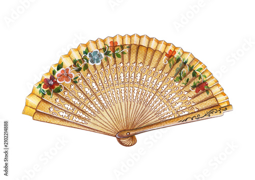 Hand-painted watercolor folding fan illustration featuring a decorative wooden hand fan with an elegant pattern. Perfect for Asian-inspired designs, home decor, branding, stationery, and print project