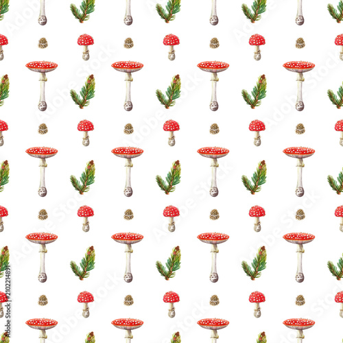 Hand-painted seamless watercolor pattern featuring fly agaric mushrooms and evergreen branches. Perfect for fabric, wrapping paper, wallpaper, stationery, packaging, textile, nature-inspired design