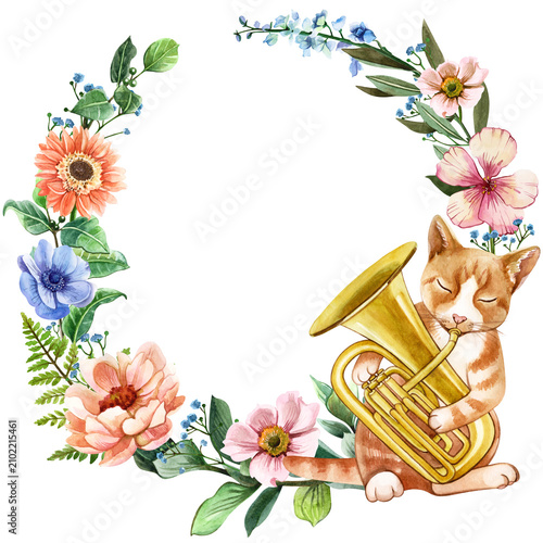 Hand-painted vintage floral wreath featuring pink flowers, green foliage, and a ginger cat playing a trumpet. Perfect for nursery art, greeting cards, invitations, wall art, stationery